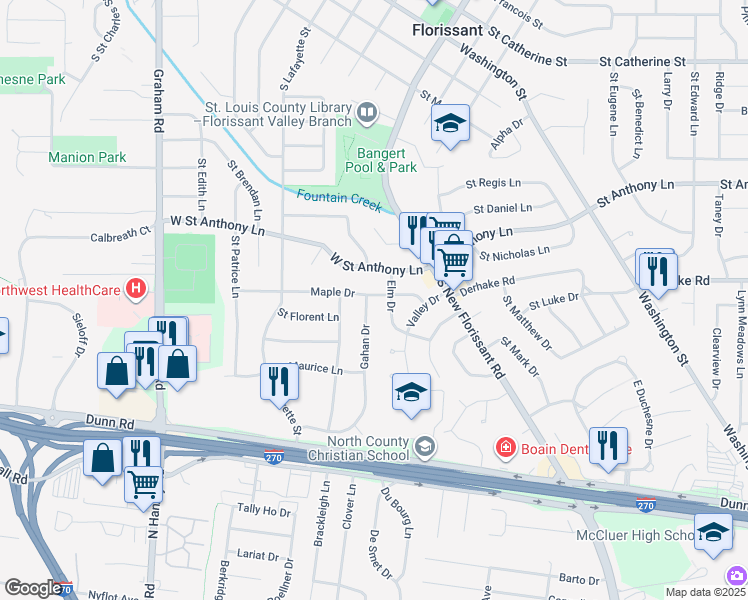 map of restaurants, bars, coffee shops, grocery stores, and more near 5 Elm Drive in Florissant