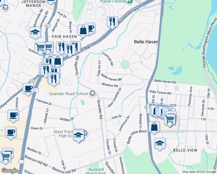 map of restaurants, bars, coffee shops, grocery stores, and more near 2203 Windsor Road in Alexandria