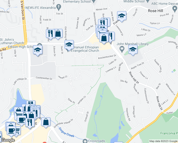 map of restaurants, bars, coffee shops, grocery stores, and more near 5250 Ballycastle Circle in Alexandria