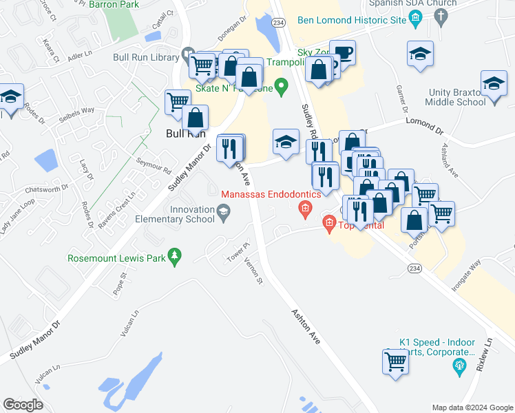 map of restaurants, bars, coffee shops, grocery stores, and more near 8201 Ashton Avenue in Manassas