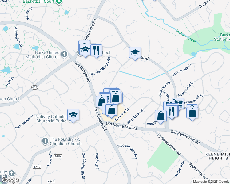 map of restaurants, bars, coffee shops, grocery stores, and more near 9519 Orion Court in Burke