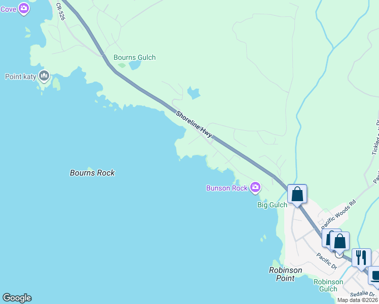 map of restaurants, bars, coffee shops, grocery stores, and more near 47061 Big Gulch Road in Gualala