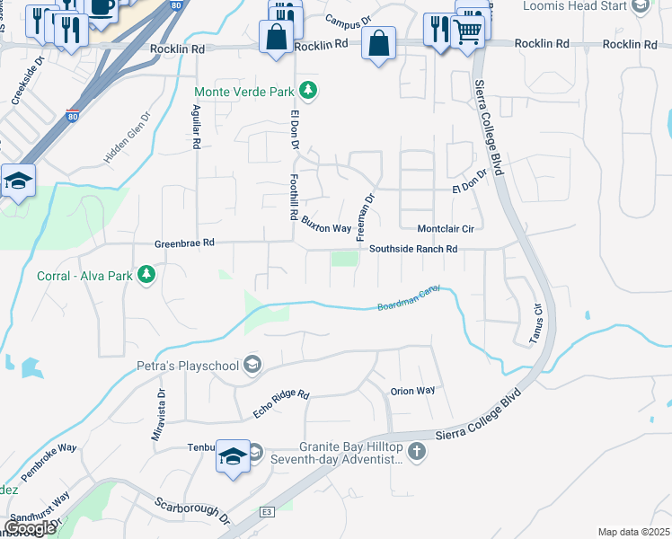 map of restaurants, bars, coffee shops, grocery stores, and more near 5631 Birkdale Court in Rocklin
