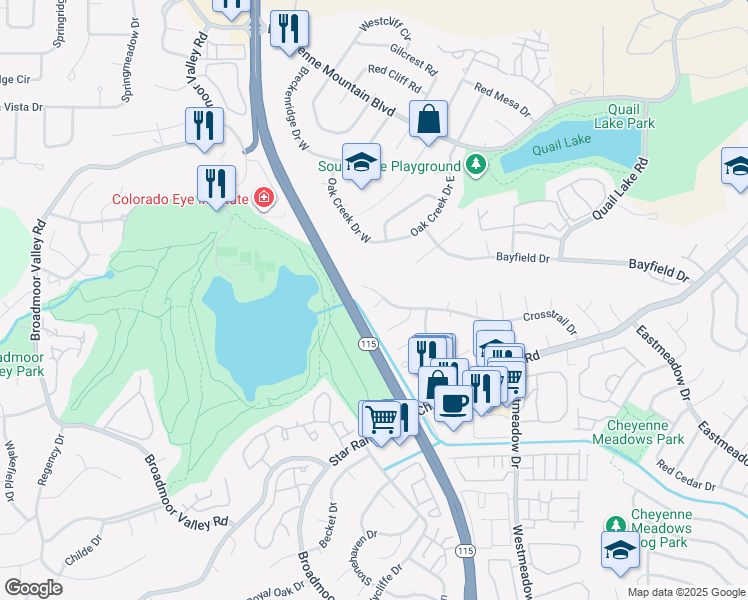 map of restaurants, bars, coffee shops, grocery stores, and more near 3625 Crosstrail Court in Colorado Springs