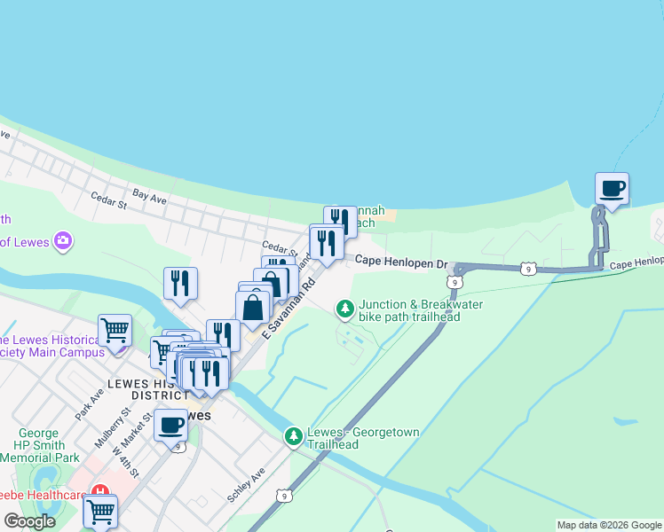 map of restaurants, bars, coffee shops, grocery stores, and more near 209 East Savannah Road in Lewes