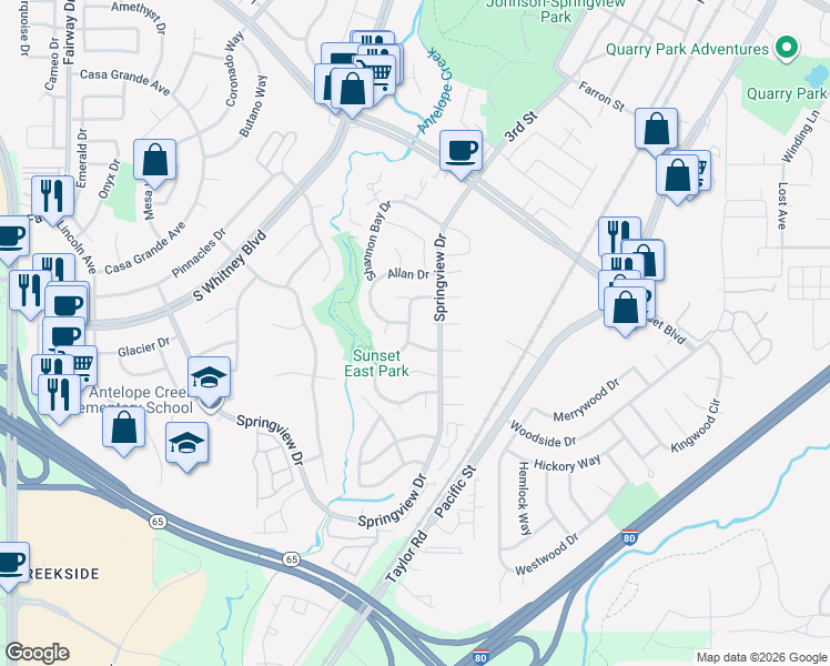 map of restaurants, bars, coffee shops, grocery stores, and more near 5902 Woodbridge Way in Rocklin