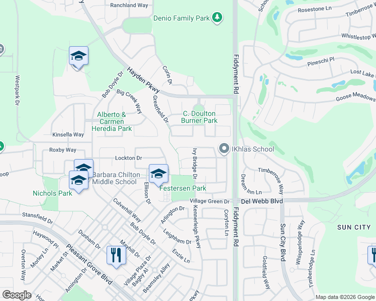 map of restaurants, bars, coffee shops, grocery stores, and more near 2100 Eldmire Way in Roseville