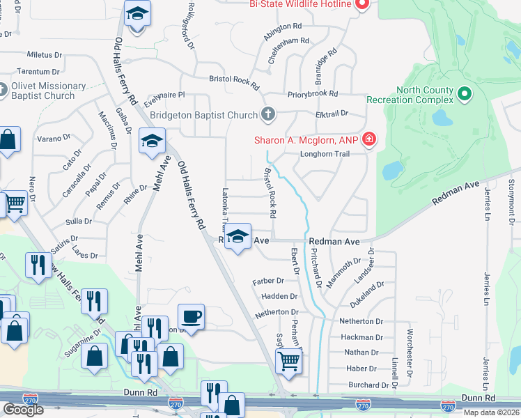 map of restaurants, bars, coffee shops, grocery stores, and more near 4915 Lockwig Trail in Florissant