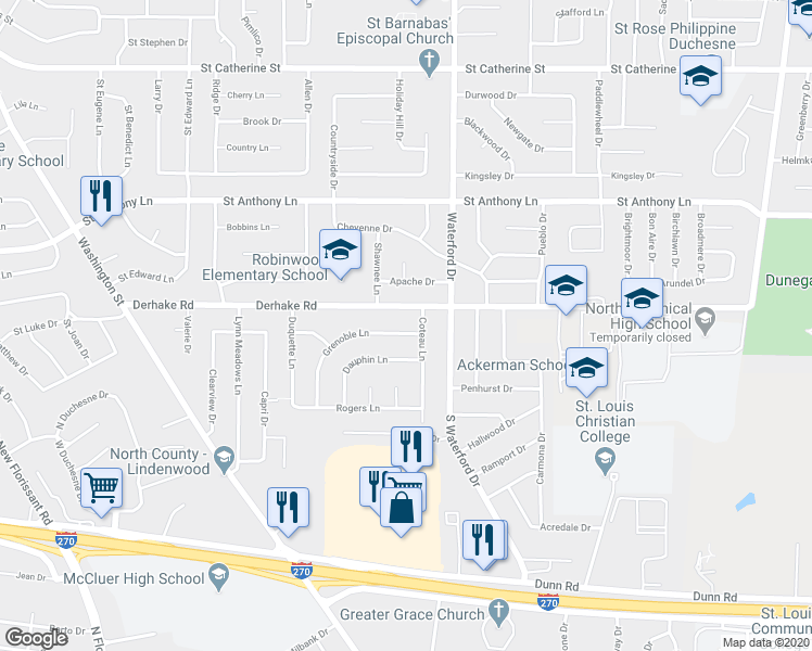 map of restaurants, bars, coffee shops, grocery stores, and more near 205 Coteau Lane in Florissant