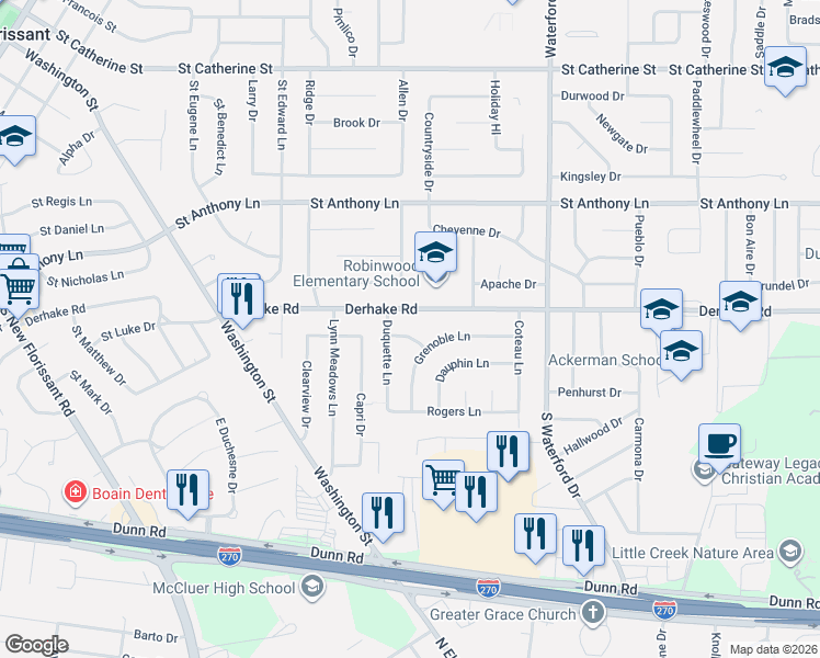 map of restaurants, bars, coffee shops, grocery stores, and more near 200 Duquette Lane in Florissant