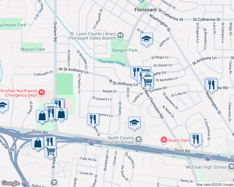 map of restaurants, bars, coffee shops, grocery stores, and more near 1150 Saint Bernadette Lane in Florissant
