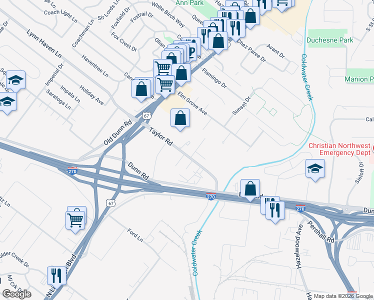 map of restaurants, bars, coffee shops, grocery stores, and more near 7105 Fordshire Lane in Hazelwood