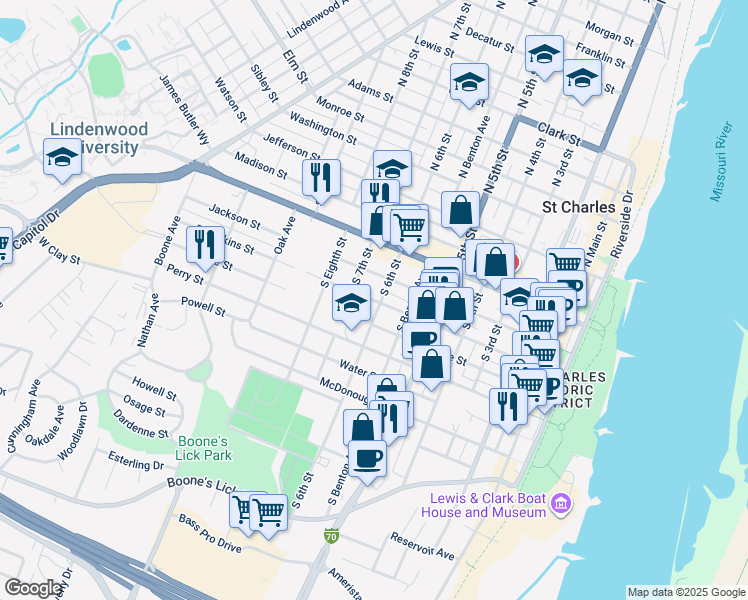 map of restaurants, bars, coffee shops, grocery stores, and more near 525 South 6th Street in Saint Charles