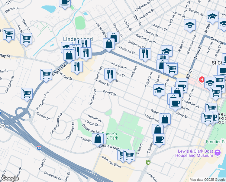 map of restaurants, bars, coffee shops, grocery stores, and more near 1025 Powell Street in Saint Charles