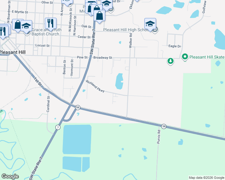 map of restaurants, bars, coffee shops, grocery stores, and more near 513 S Walker St in Pleasant Hill