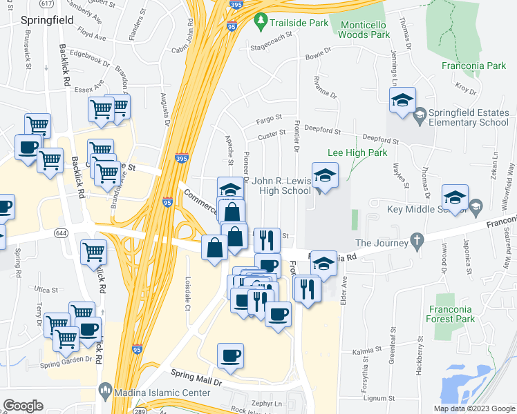 map of restaurants, bars, coffee shops, grocery stores, and more near 6310 Abilene Street in Springfield