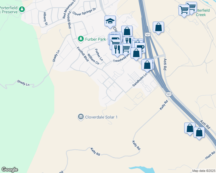 map of restaurants, bars, coffee shops, grocery stores, and more near 324 Moonlight Circle in Cloverdale