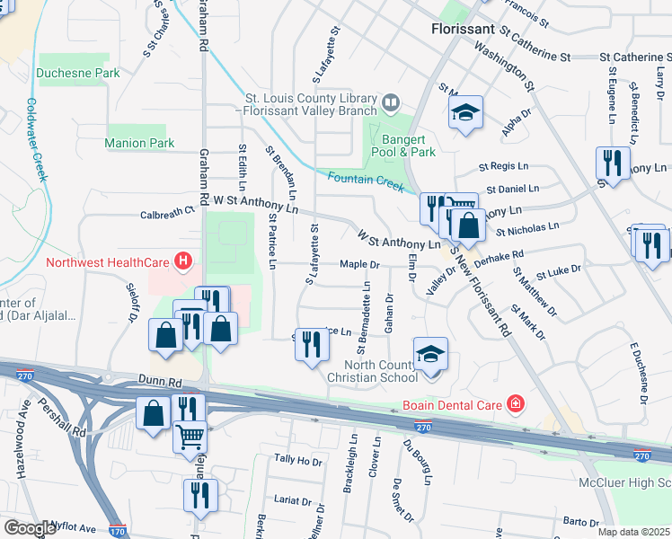 map of restaurants, bars, coffee shops, grocery stores, and more near 160 Maple Drive in Florissant
