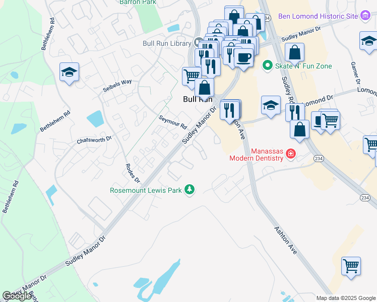 map of restaurants, bars, coffee shops, grocery stores, and more near 10841 Gambril Drive in Manassas