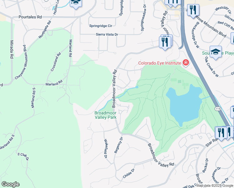 map of restaurants, bars, coffee shops, grocery stores, and more near 3535 Broadmoor Valley Road in Colorado Springs