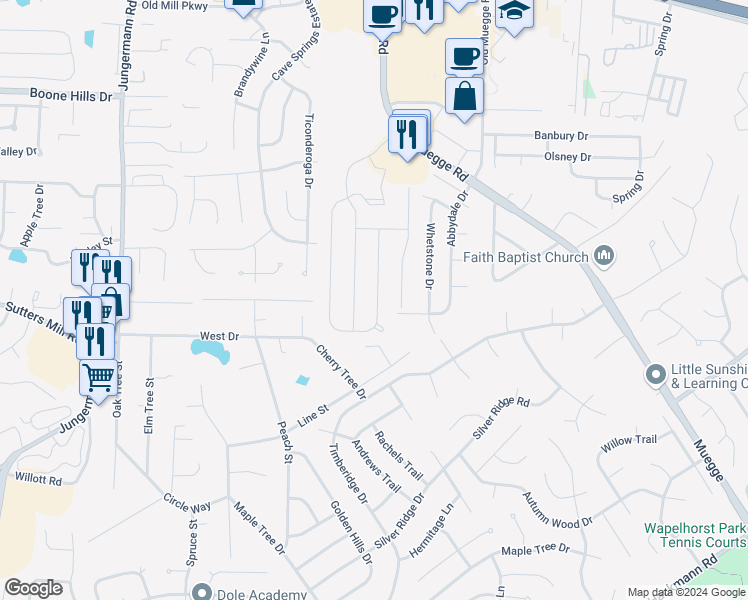 map of restaurants, bars, coffee shops, grocery stores, and more near 150 South Brighton Park Court in Saint Charles