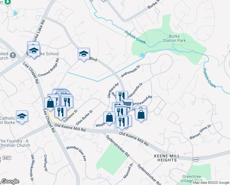 map of restaurants, bars, coffee shops, grocery stores, and more near 6311 Rockwell Road in Burke
