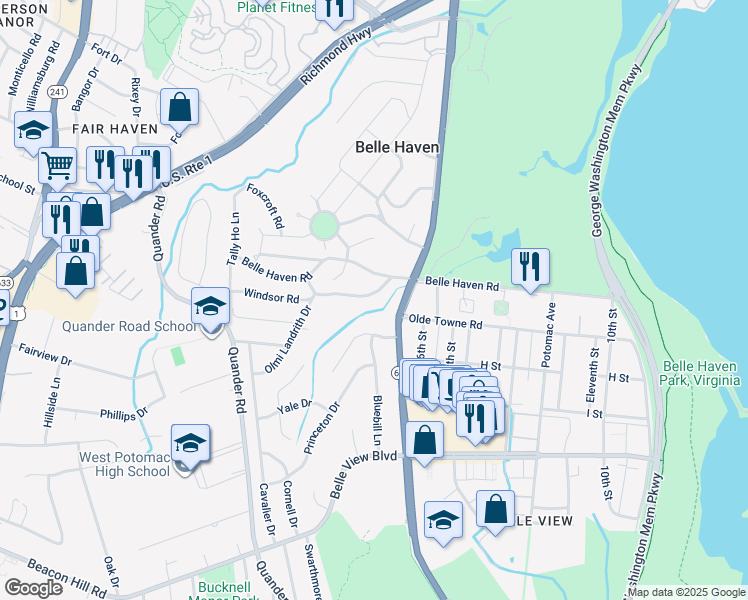 map of restaurants, bars, coffee shops, grocery stores, and more near 1913 Windsor Road in Alexandria