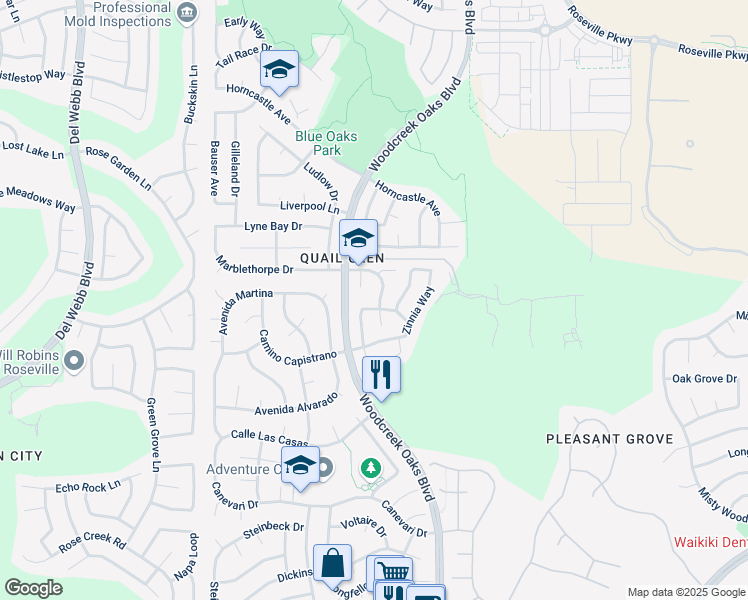 map of restaurants, bars, coffee shops, grocery stores, and more near 1603 Jonquil Drive in Roseville