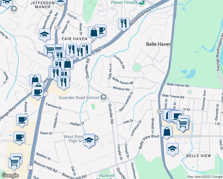 map of restaurants, bars, coffee shops, grocery stores, and more near 2211 Windsor Road in Alexandria