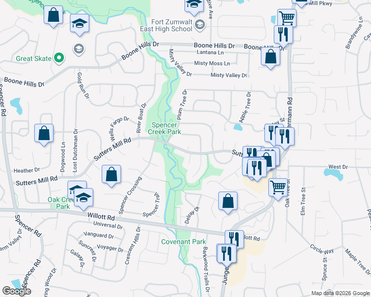map of restaurants, bars, coffee shops, grocery stores, and more near 31 Mill Race Drive in St. Peters