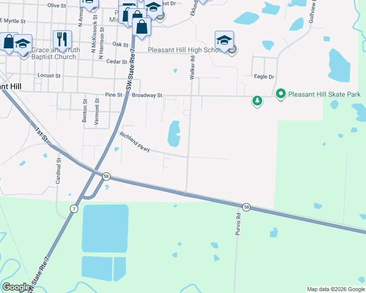 map of restaurants, bars, coffee shops, grocery stores, and more near 513 S Walker St in Pleasant Hill