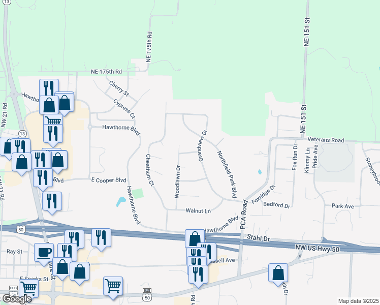 map of restaurants, bars, coffee shops, grocery stores, and more near Applewood Road in Warrensburg