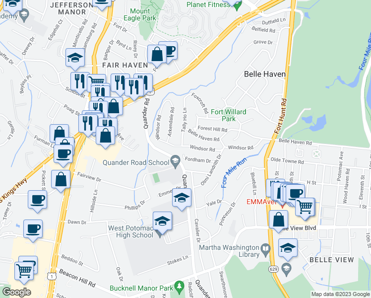 map of restaurants, bars, coffee shops, grocery stores, and more near 2211 Windsor Road in Alexandria