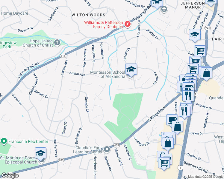 map of restaurants, bars, coffee shops, grocery stores, and more near 6286 Gentle Lane in Alexandria
