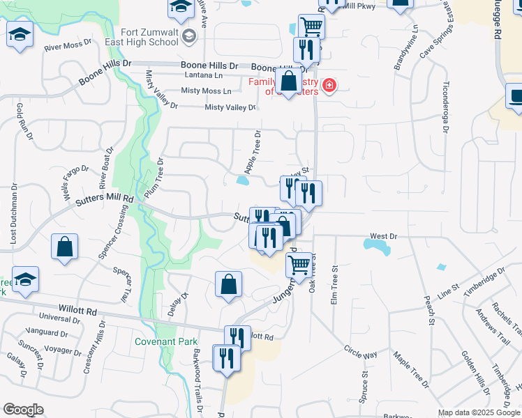 map of restaurants, bars, coffee shops, grocery stores, and more near 12 Coach Court in St. Peters