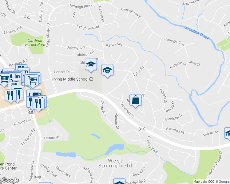 map of restaurants, bars, coffee shops, grocery stores, and more near 6313 Bardu Avenue in Springfield