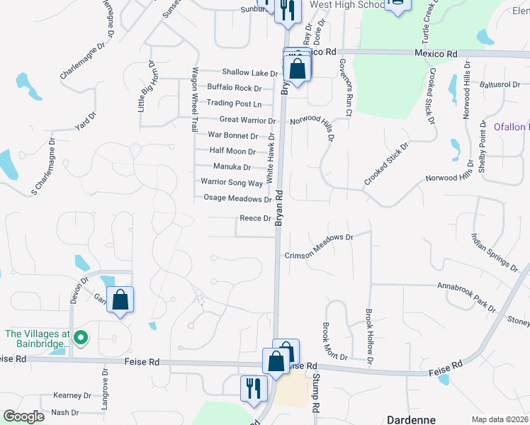 map of restaurants, bars, coffee shops, grocery stores, and more near 1309 Osage Meadows Drive in O'Fallon