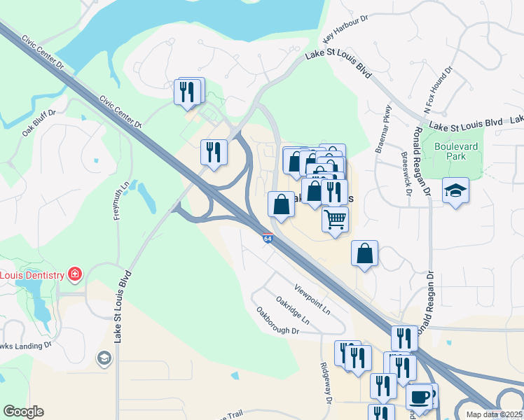 map of restaurants, bars, coffee shops, grocery stores, and more near 3401 Technology Drive in Lake Saint Louis