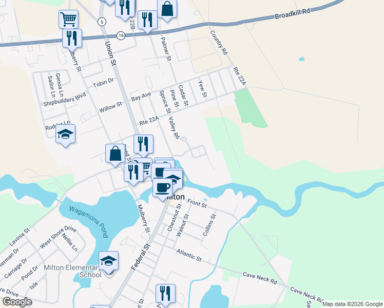 map of restaurants, bars, coffee shops, grocery stores, and more near 300 Chandler Street in Milton