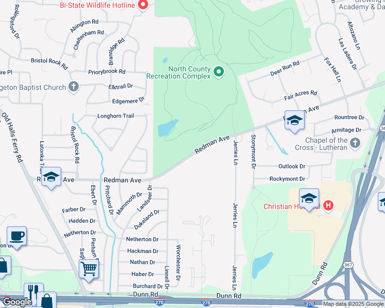 map of restaurants, bars, coffee shops, grocery stores, and more near 2577 Redman Road in St. Louis