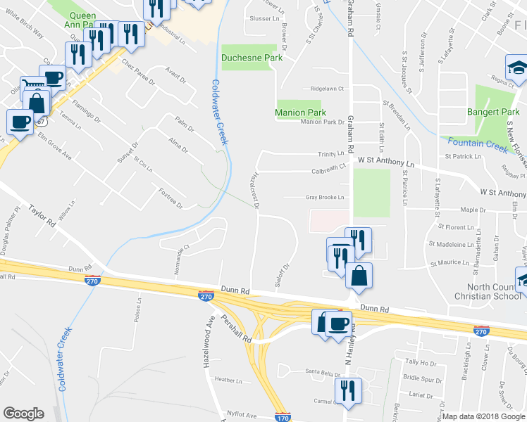map of restaurants, bars, coffee shops, grocery stores, and more near 7536 Hazelcrest Drive in Hazelwood