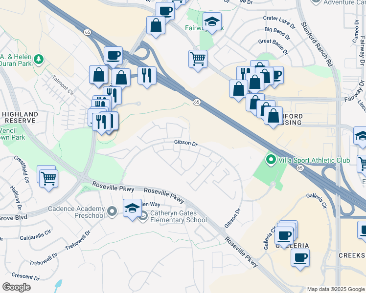 map of restaurants, bars, coffee shops, grocery stores, and more near 701 Gibson Drive in Roseville