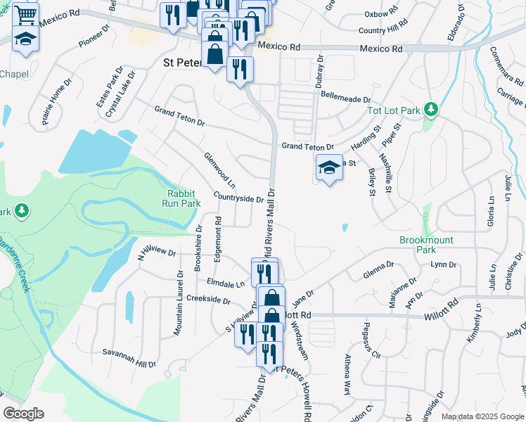 map of restaurants, bars, coffee shops, grocery stores, and more near 4 Countryside Drive in St. Peters