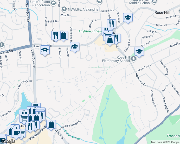 map of restaurants, bars, coffee shops, grocery stores, and more near 5264 Ballycastle Circle in Alexandria