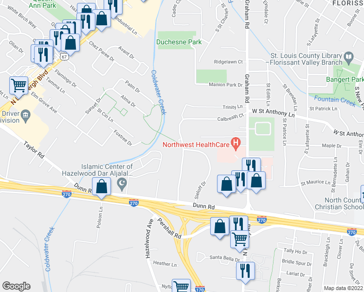 map of restaurants, bars, coffee shops, grocery stores, and more near 7445 Hazelcrest Drive in Hazelwood