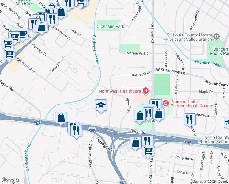 map of restaurants, bars, coffee shops, grocery stores, and more near 7536 Hazelcrest Drive in Hazelwood