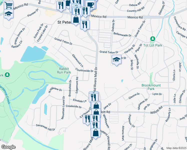 map of restaurants, bars, coffee shops, grocery stores, and more near 817 Mid Rivers Mall Drive in St. Peters