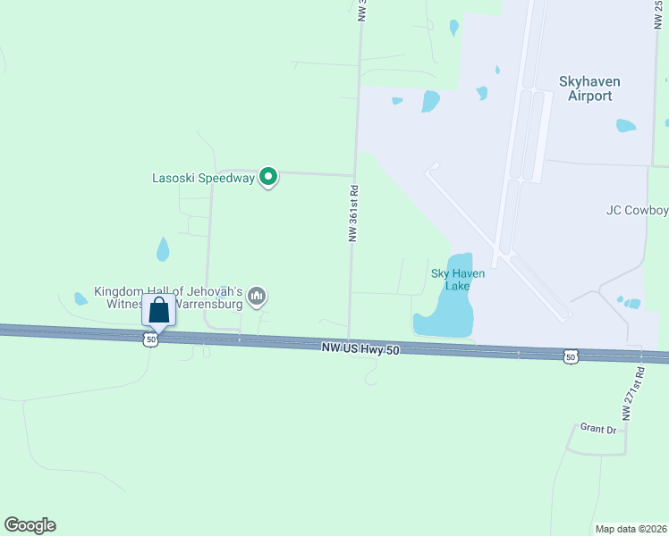 map of restaurants, bars, coffee shops, grocery stores, and more near 132 Northwest 361st Road in Warrensburg