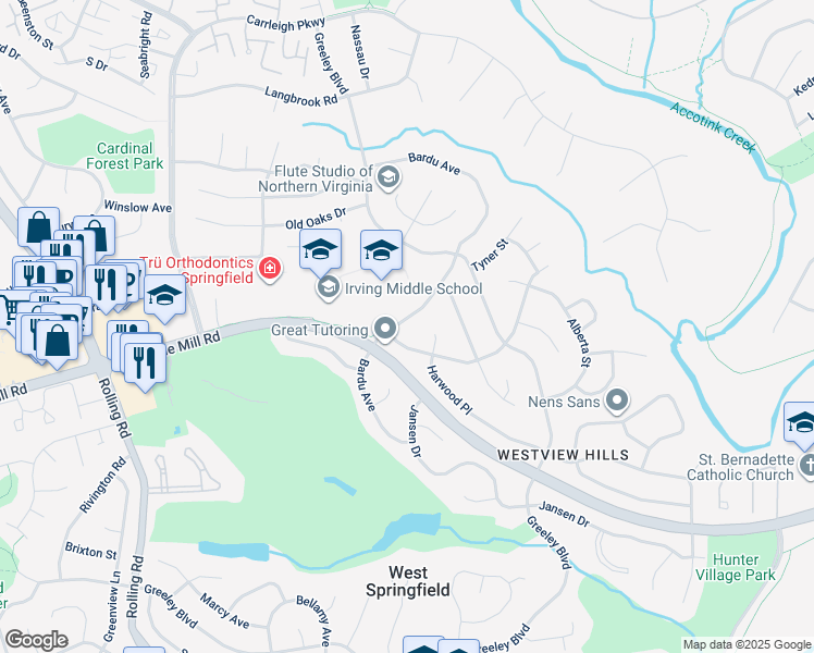 map of restaurants, bars, coffee shops, grocery stores, and more near 6313 Bardu Avenue in Springfield