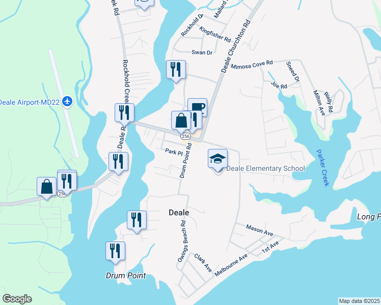 map of restaurants, bars, coffee shops, grocery stores, and more near 6007 Drum Point Road in Deale
